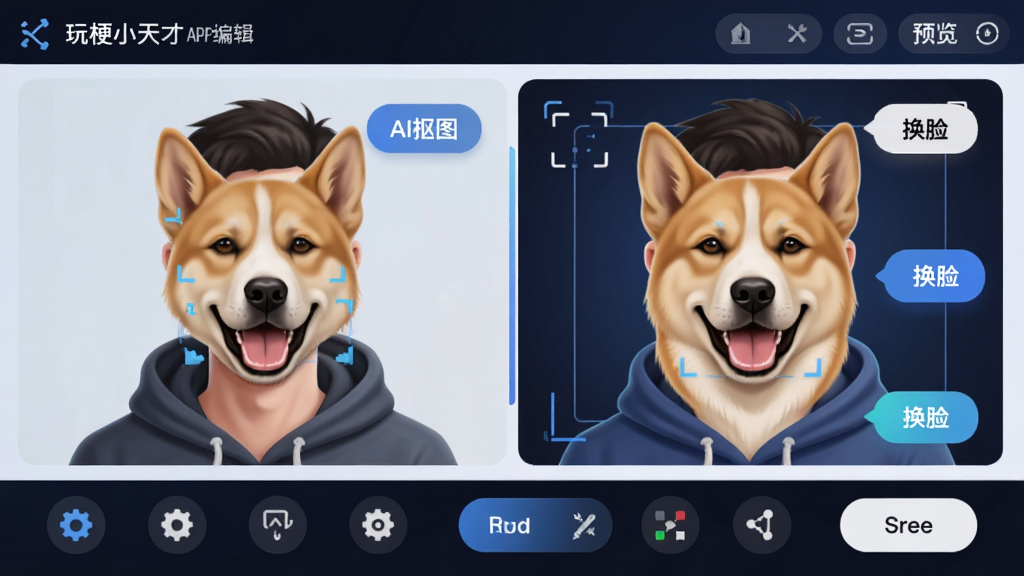 主体:玩梗小天才APP编辑界面,展示一张正在换脸的搞笑图片,左边是原图,右边是效果图。布局:双图对比布局,界面功能按钮清晰。排版:工具图标沿底部排列,预览窗口居中。风格:科技感插画,结合UI界面元素。细节:图片上将人物脸部替换成狗头,周围有“AI抠图”、“换脸”等按钮标注。画质:高清,干净,无多余元素。
