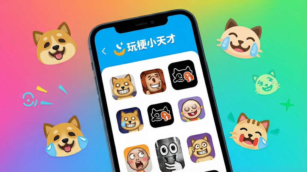 主体:手机屏幕展示玩梗小天才APP界面,屏幕内显示各种搞笑表情包和梗图网格。布局:居中构图,手机略微倾斜,背景为明亮的纯色渐变。排版:手机屏幕上的图标和文字清晰可见,界面简洁。风格:现代扁平化插画风格,色彩鲜艳活泼。细节:屏幕上有“玩梗小天才”字样,周围散落着表情包元素如狗头、流泪猫猫头等。画质:高清,干净,无多余元素。