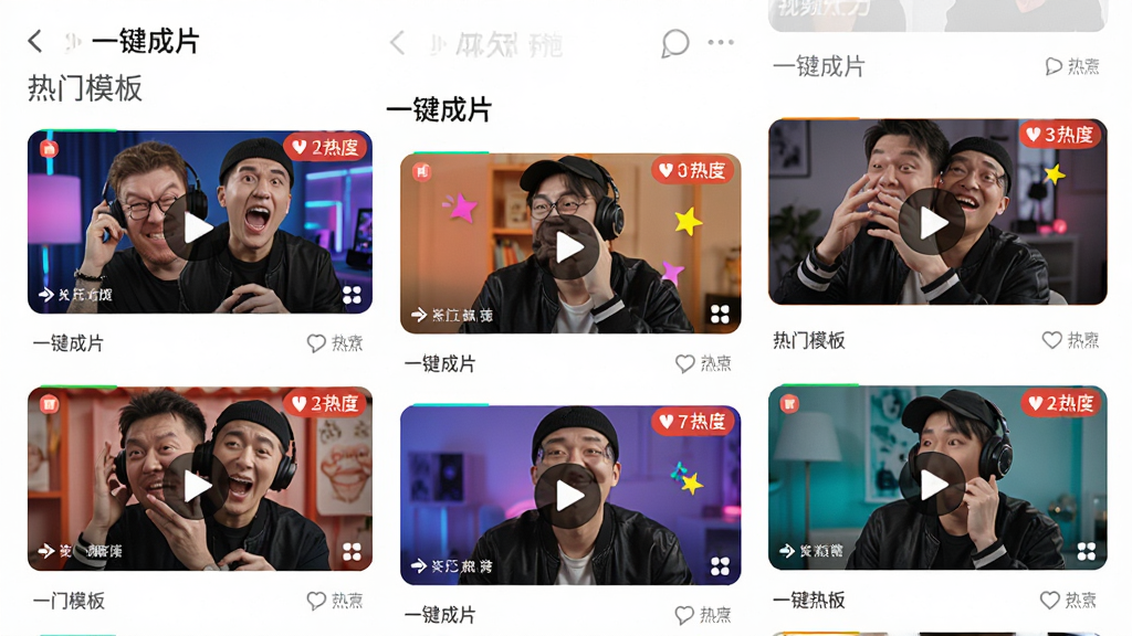 主体:玩梗小天才APP的视频模板库页面,展示多个动态视频模板缩略图。布局:瀑布流布局,缩略图大小不一。排版:每个模板都有播放按钮和热度标签。风格:动感时尚,色彩丰富。细节:屏幕上有“一键成片”、“热门模板”字样,模板预览图中包含搞笑片段。画质:高清,干净,无多余元素。
