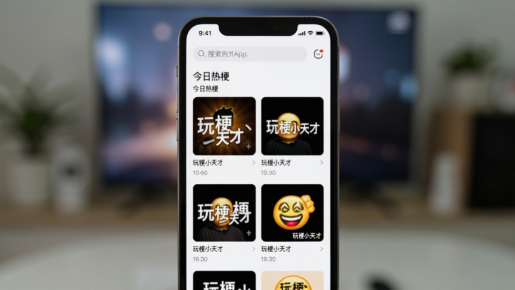 主体:打开玩梗小天才APP热梗库页面,屏幕上按分类排列各种梗图和表情包。布局:平视角度,手机占据画面中央,背景虚化。排版:界面列表清晰,缩略图整齐排列。风格:写实风格,光影自然。细节:屏幕顶部有搜索栏,下方有“今日热梗”专题,图片包含“玩梗小天才”水印。画质:高清,干净,无多余元素。