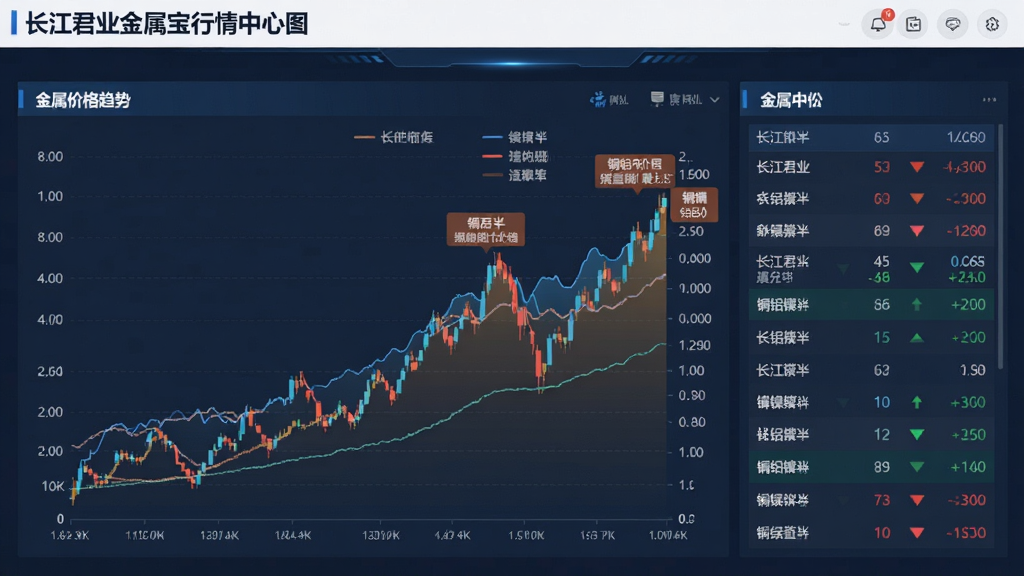 长江君业金属宝行情中心页面,主体为金属价格趋势图表,布局为折线图与数据列表组合,风格数据可视化,细节包含铜铝锌镍价格标注与涨跌颜色,画质高清,背景干净