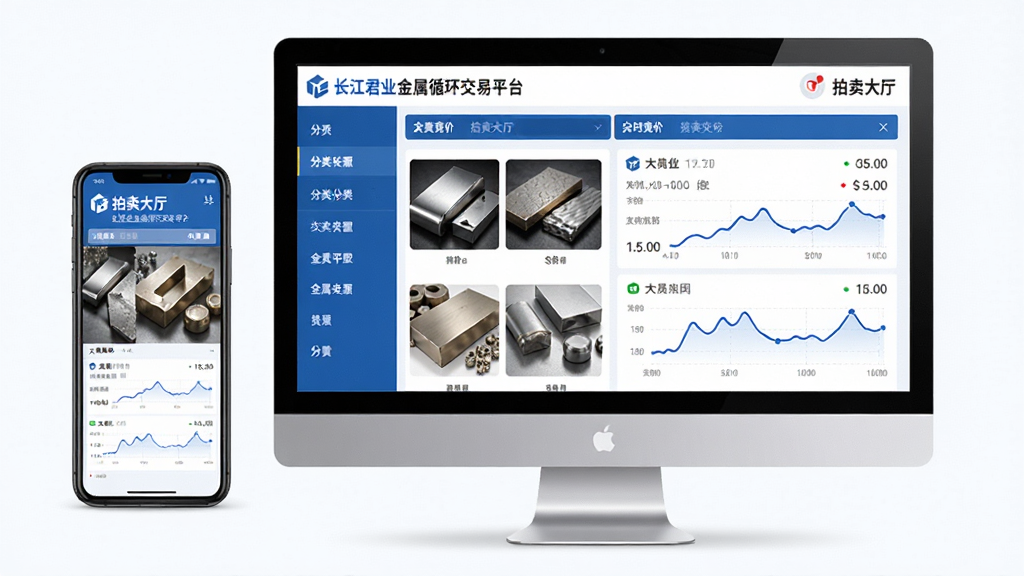 长江君业金属循环资源交易平台界面展示,主体为手机与电脑端同步显示的拍卖大厅页面,布局清晰,左侧为分类导航,右侧为实时竞价列表,风格现代商务蓝白配色,细节包含金属材料图片与价格走势曲线,画质高清干净,无多余元素