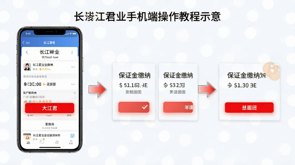 长江君业手机端操作教程示意,主体为手机屏幕截图,展示出价与保证金缴纳步骤,布局为分步箭头指示,风格清新简约,细节包含红色高亮操作按钮,画质干净清晰,无多余元素