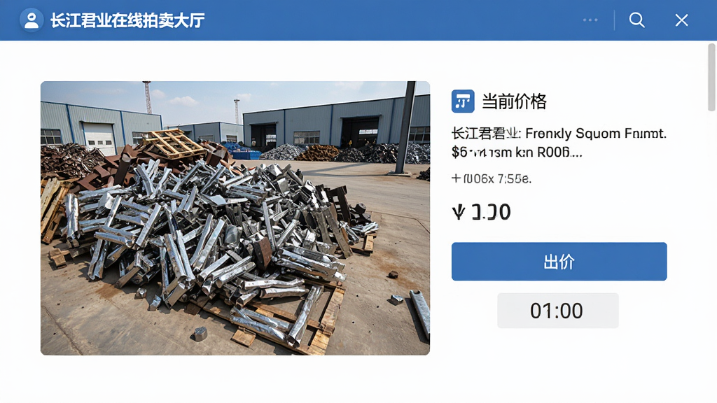 长江君业在线拍卖大厅界面,主体为拍卖商品详情页,布局包含商品大图、当前价格、出价按钮与倒计时,风格简洁专业,细节展示金属废料堆场实拍,画质清晰,干净无杂物