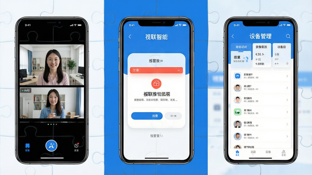 一张展示视联智能APP在不同场景下使用的拼图,包含手机端直播画面、报警推送、录像回放、设备管理界面,整体风格简约清晰,蓝色调,画质细腻,干净无多余元素,包含“视联智能”字样