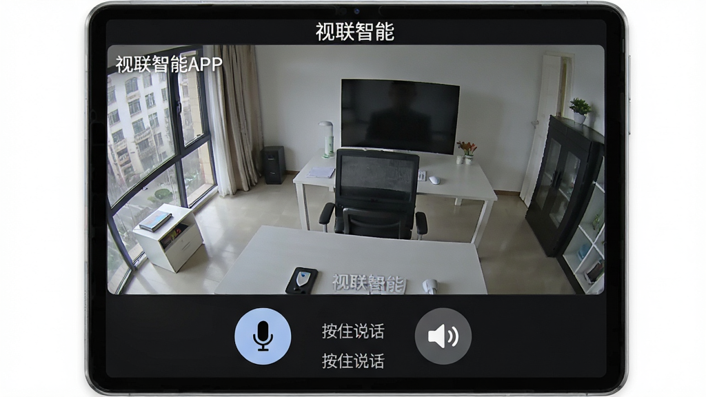 一张展示视联智能APP双向语音对讲功能的图片,界面显示监控画面下方有麦克风按钮和扬声器按钮,并有“按住说话”的文字提示,风格清晰直观,画质细腻,干净无多余元素,包含“视联智能”字样