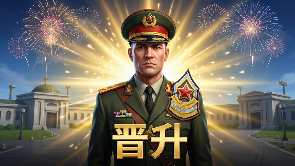 游戏主界面截图,展示角色军衔晋升动画,背景是庄重的军事基地,空中绽放烟花。主体是角色半身像与军衔徽章,布局采用居中构图,四周有金色光芒放射特效。排版风格类似军事授勋仪式,画面下方有“晋升”金色大字。风格庄严大气,色彩明亮,细节精致,画质高清干净,无多余元素。