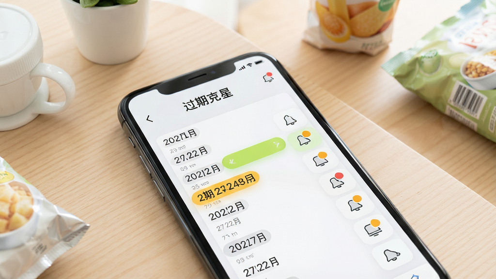 一张智能手机屏幕特写,屏幕中显示“过期克星”APP主界面,界面包含分类整齐的日期列表、醒目的临期高亮标记与提醒通知图标,手机放置在浅色木桌上,旁边散落着几件日用品与食品,背景干净明亮,整体风格清新简洁,UI设计现代,画质细腻高清,干净无多余元素