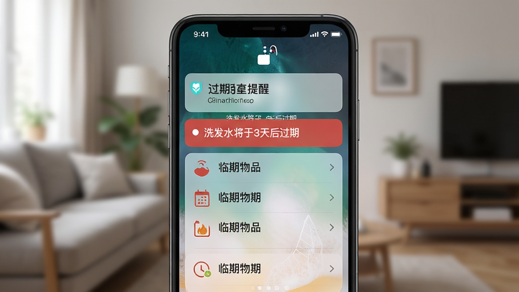 智能手机锁屏界面显示“过期克星”的提醒通知,一条红色横幅提示“洗发水将于3天后过期”,下方列出其他临期物品清单,图标与文字清晰,背景为模糊的室内环境,整体风格写实,UI设计精致,画质细腻,干净无多余元素