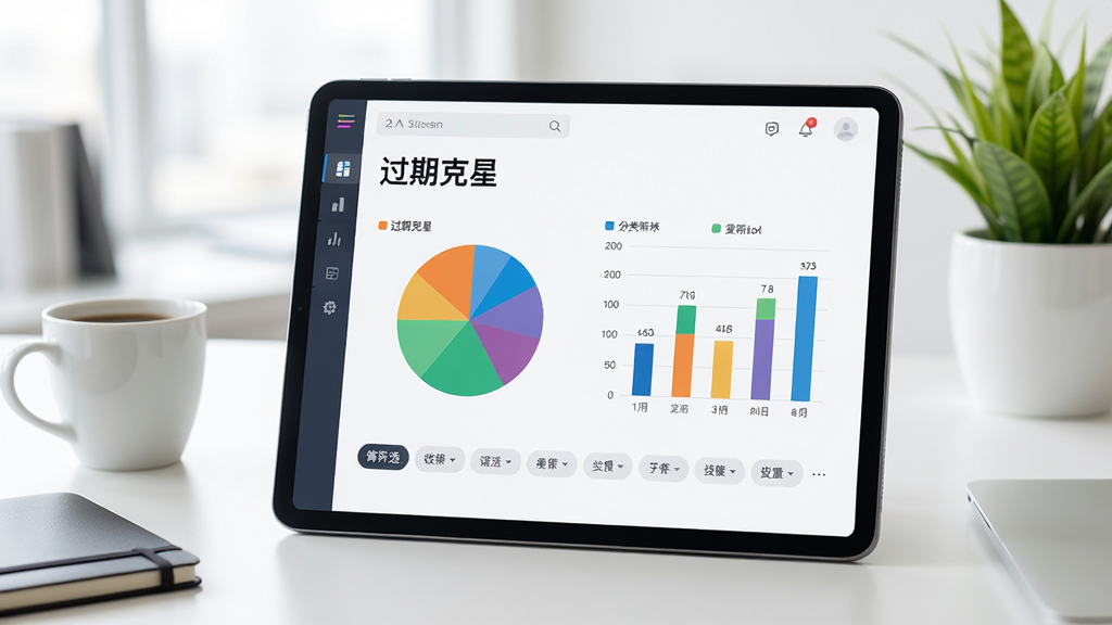 平板电脑屏幕展示“过期克星”的统计分析页面,页面包含彩色饼图与柱状图,图表下方有分类筛选标签,背景为简约办公桌,摆放着咖啡杯与绿植,画面明亮清晰,风格商务简约,UI配色协调,画质高清,干净无多余元素