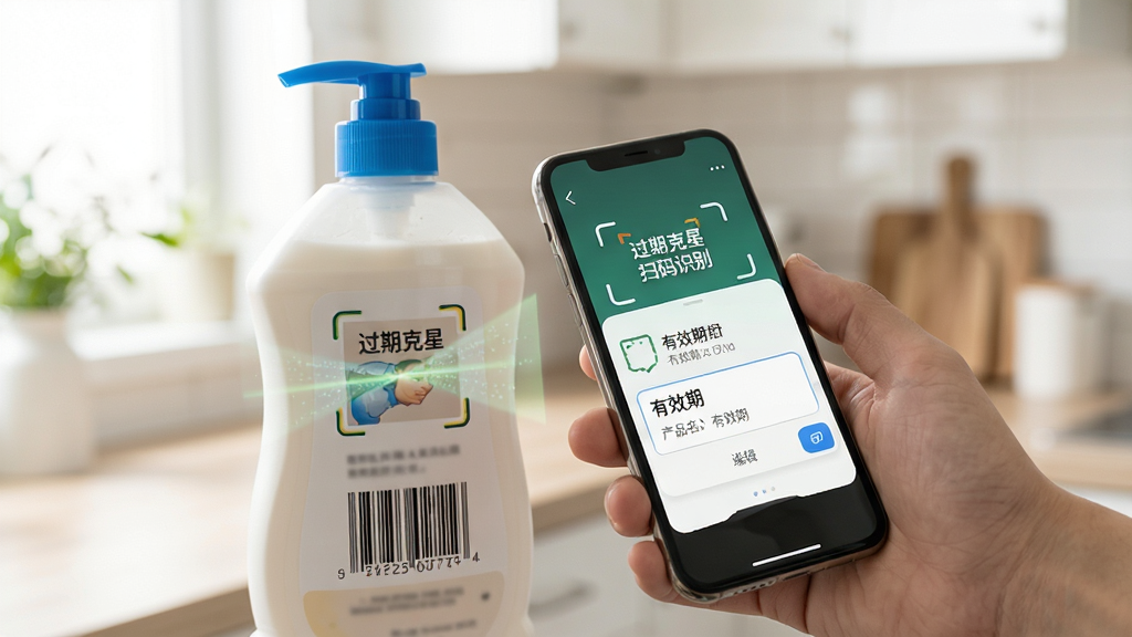 一只手拿着智能手机对准一瓶沐浴露的条形码进行扫描,屏幕界面显示“过期克星”扫码识别动画,识别成功后弹出产品名称与有效期编辑框,背景为明亮厨房环境,浅景深效果,构图主体突出,风格真实自然,UI清晰,画质高清,干净无多余元素