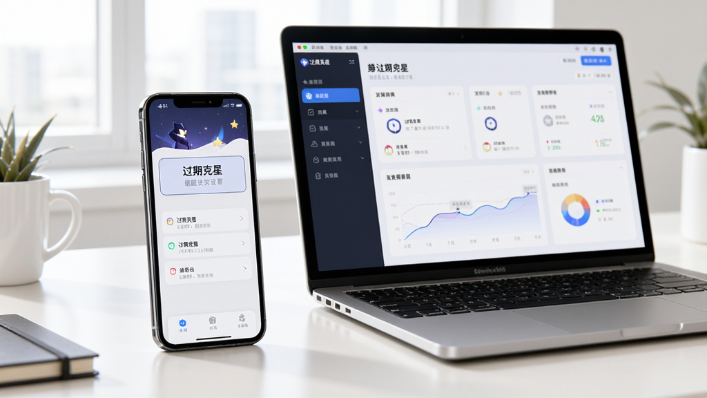 一部手机与一台笔记本电脑并排放在书桌上,手机屏幕显示“过期克星”的提醒设置页面,电脑屏幕显示同款应用的数据看板,画面展示跨设备使用场景,光线明亮,办公风格,构图平衡,画质清晰,干净无多余元素