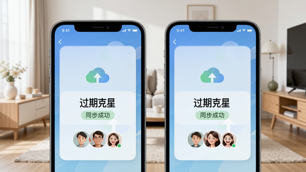 两部智能手机并排摆放,屏幕均显示“过期克星”的同步成功提示,界面显示云端图标与家庭成员头像,背景为现代客厅,浅色调家具,画面干净明亮,风格温馨简洁,UI设计直观,画质高清,无多余元素