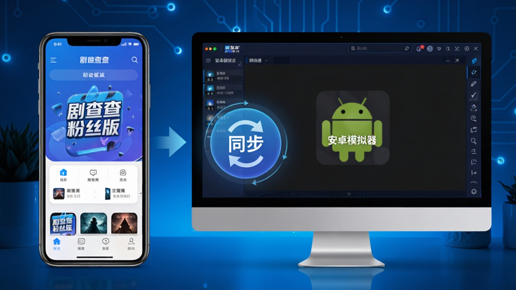 主体:手机和电脑并排展示剧查查粉丝版界面,手机在左,电脑在右。布局:手机屏幕显示应用主页,电脑屏幕显示模拟器界面。排版:两侧对称,中间有“同步”图标。风格:科技感,蓝色调。细节:手机上有“剧查查粉丝版”文字,电脑屏幕有“安卓模拟器”标识。画质:高清,干净,无多余元素。