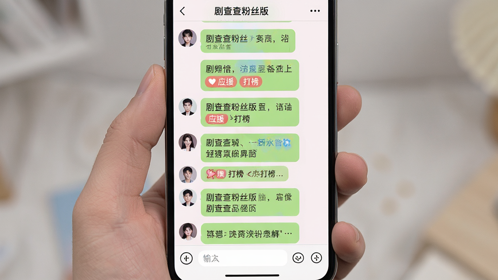 主体:手机屏幕展示剧查查粉丝版的粉丝社区聊天界面,多条消息气泡。布局:聊天列表从上到下排列,顶部有“剧查查粉丝版”和群名称,底部有输入框。排版:消息气泡左对齐,头像清晰。风格:社交软件风格,色彩柔和。细节:有“应援”、“打榜”等快捷按钮。画质:高清,干净,无多余元素。