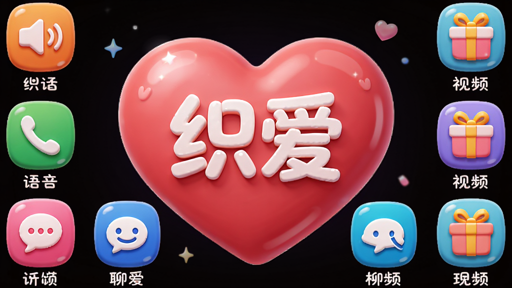 主体:织爱软件的互动功能界面,展示语音通话、视频聊天、礼物图标。布局:功能图标环绕一个心形图案,心形中央为“织爱”字样。排版:图标下方有文字标注。风格:活泼可爱,色彩鲜艳。细节:图标立体感强,有光泽。画质:高清,干净,无多余元素。