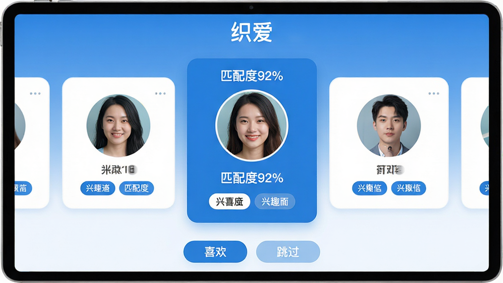 主体:织爱软件的兴趣匹配界面,展示多个用户卡片,每张卡片有头像和兴趣标签。布局:卡片横向排列,中间一张突出显示“匹配度92%”。排版:界面顶部有“织爱”标志,底部有“喜欢”和“跳过”按钮。风格:清新简洁,蓝色主调。细节:头像清晰,标签文字可读。画质:高清,干净,无多余元素。