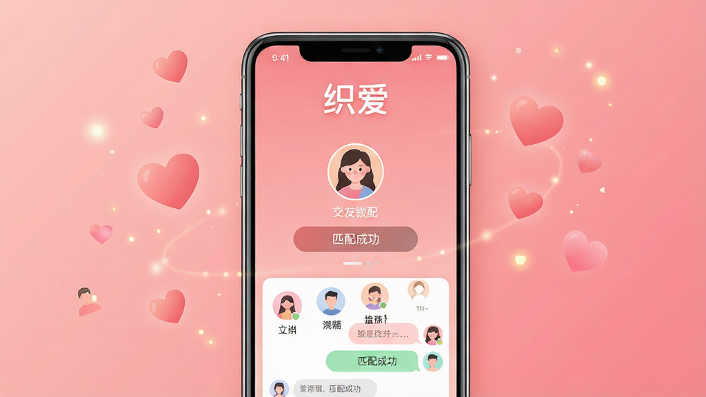 主体:手机屏幕展示“织爱”交友软件界面,界面有用户头像、匹配按钮、聊天窗口,背景为温馨的粉色渐变。布局:手机居中,周围有爱心和光点装饰。排版:软件名称“织爱”位于屏幕上方,下方为功能图标。风格:现代扁平化,色彩柔和。细节:界面清晰,有“匹配成功”字样。画质:高清,干净,无多余元素。