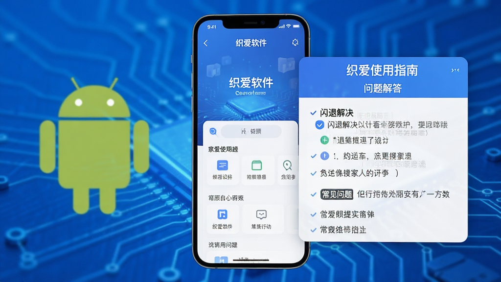 主体:织爱软件在手机上的运行界面,旁边有安卓机器人图标和常见问题列表。布局:手机屏幕中央,右侧为问题解答弹窗。排版:界面简洁,有“织爱使用指南”字样。风格:科技感,蓝色背景。细节:弹窗有“闪退解决”等文字。画质:高清,干净,无多余元素。