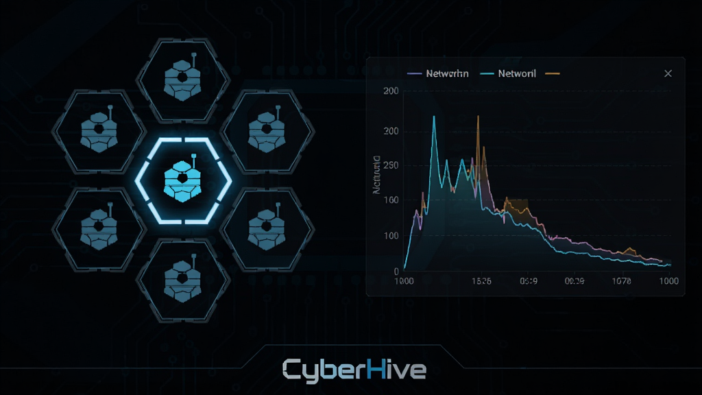 CyberHive节点调度界面,左侧显示多个蜂巢六边形图标,其中一个高亮,右侧有实时网络延迟曲线图,背景为深色科技风格,底部有“CyberHive”标志,画质清晰,干净无杂物
