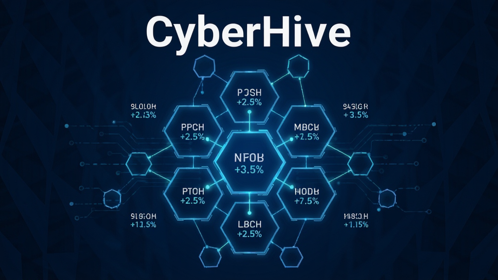 CyberHive主界面展示,采用深蓝色科技感背景,中央是六边形蜂巢形状的网络节点示意图,节点之间有发光的连线,显示实时网络延迟数据,界面整洁,上方有“CyberHive”白色字样,画质干净,无多余元素