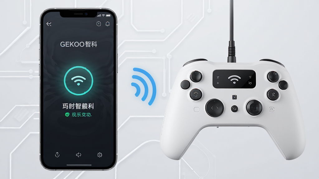 GEKOO智科蓝牙连接界面,手机与控制器设备通过无线信号连接,界面显示配对成功提示,背景为浅灰色科技感线条,连接图标清晰,布局简洁,画质高清,干净无多余元素
