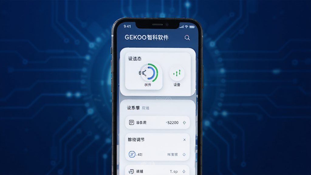 GEKOO智科软件主界面展示,手机屏幕中显示设备连接状态与参数调节面板,背景为深蓝色科技感渐变,界面图标清晰,布局简洁,整体风格现代且富有科技感,画质高清,干净无多余元素