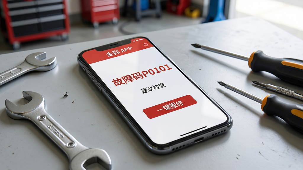 主体:一部手机平放在桌面上,屏幕显示金彭APP的故障诊断界面,一旁放着维修工具。布局:手机为视觉中心,周围散落着扳手、螺丝刀等工具,背景是车库。排版:手机屏幕内容朝上,清晰可见“故障码P0101”和“建议检查”字样。风格:写实风格,光线充足,场景真实。细节:屏幕上的故障码为红色字体,下方有“一键报修”按钮。画质:高分辨率,细节锐利,干净,无多余元素。