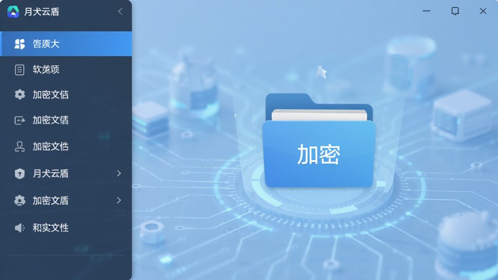 月犬云盾软件主界面预览图,界面简洁清爽,左侧功能列表清晰,右侧显示加密文件夹图标,背景为淡蓝色科技感风格,整体布局规整,画质干净无多余元素