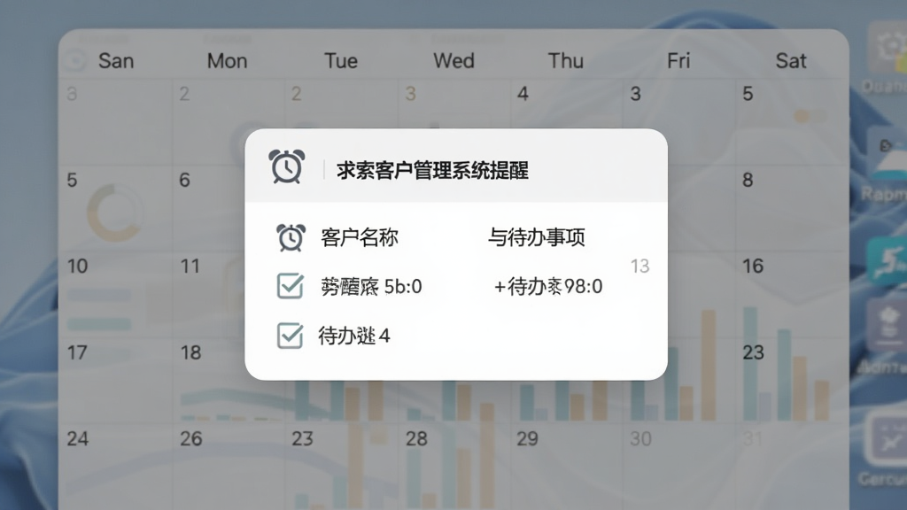 求索客户管理系统提醒弹窗,显示客户名称与待办事项,背景为桌面日历,风格柔和,细节有闹钟图标、复选框,画质清晰,无多余元素