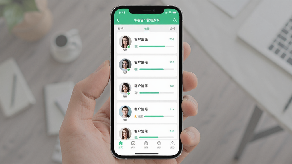 求索客户管理系统在手机上的操作界面,展示客户列表与底部导航栏,布局简洁,风格清新,细节有头像、进度条,画质干净无多余元素