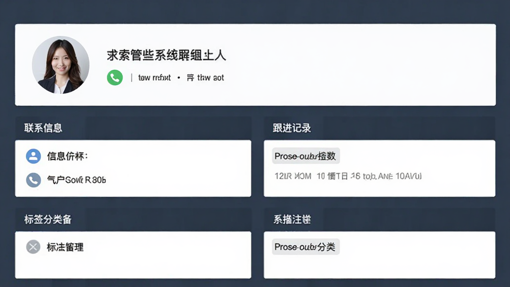 求索客户管理系统界面展示客户详情页,包含联系人信息、跟进记录、标签分类,布局为左右分栏,风格清爽商务,细节有头像、电话图标、备注区域,画质清晰,无多余元素