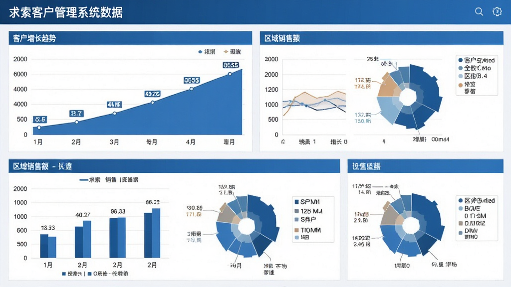 求索客户管理系统数据仪表盘,包含多张图表,如客户增长趋势、区域销售额,布局整齐,风格商务蓝白配色,细节有数据标签、图例,画质高清无多余元素