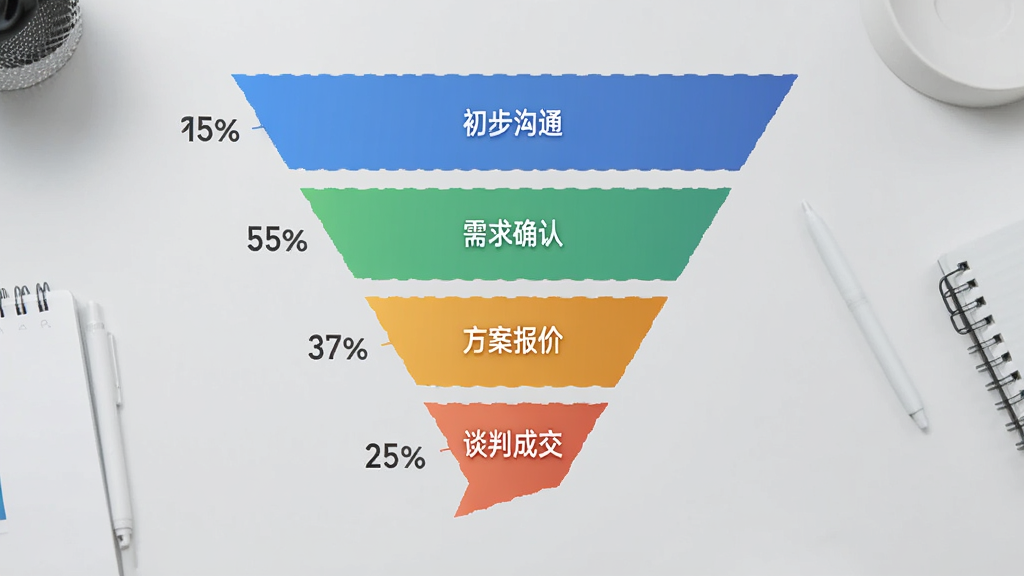 求索客户管理系统销售漏斗图,从顶部到漏斗底部依次为初步沟通、需求确认、方案报价、谈判成交,颜色渐变,背景为浅灰色工作台,风格极简,细节有百分比标注,画质干净无杂物