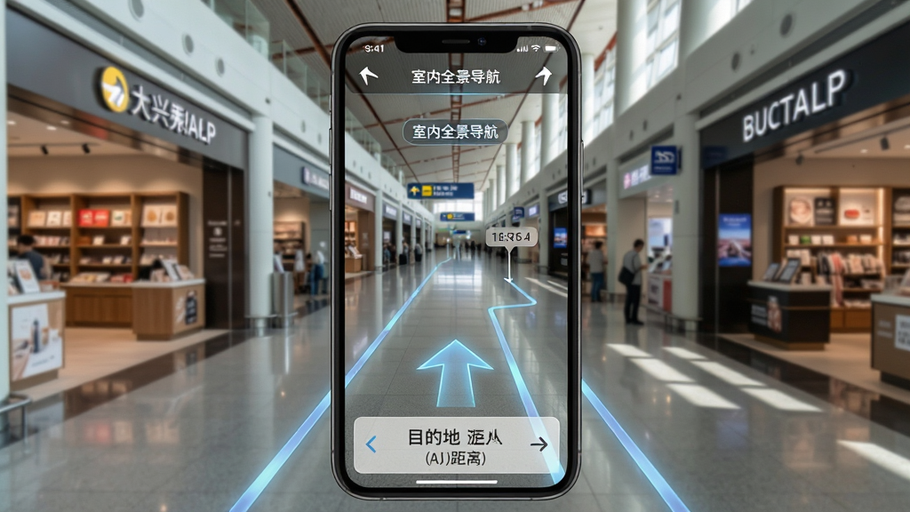 ���壺���˻���APP�ġ�����ȫ�����������ܽ��棬����Ϊ�ֻ�AR����ģʽ����Ļ�е����������ͷ�;�����ʾ�������ǻ�����վ¥�ڵ����Ⱥ͵��̡����֣��ֻ�ռ�ݻ������ģ���Χ�������죬��ͷָ�������������Ű棺��Ļ�·���Ŀ�ĵ����ƺ�ʣ����룬������ת����ʾ�����AR�Ƽ���񣬽���Ԫ�ذ�͸������ʵ���ںϡ�ϸ�ڣ�����������·���������������������ɼ������ʣ����壬������Ȼ���ɾ����޶���Ԫ�ء�