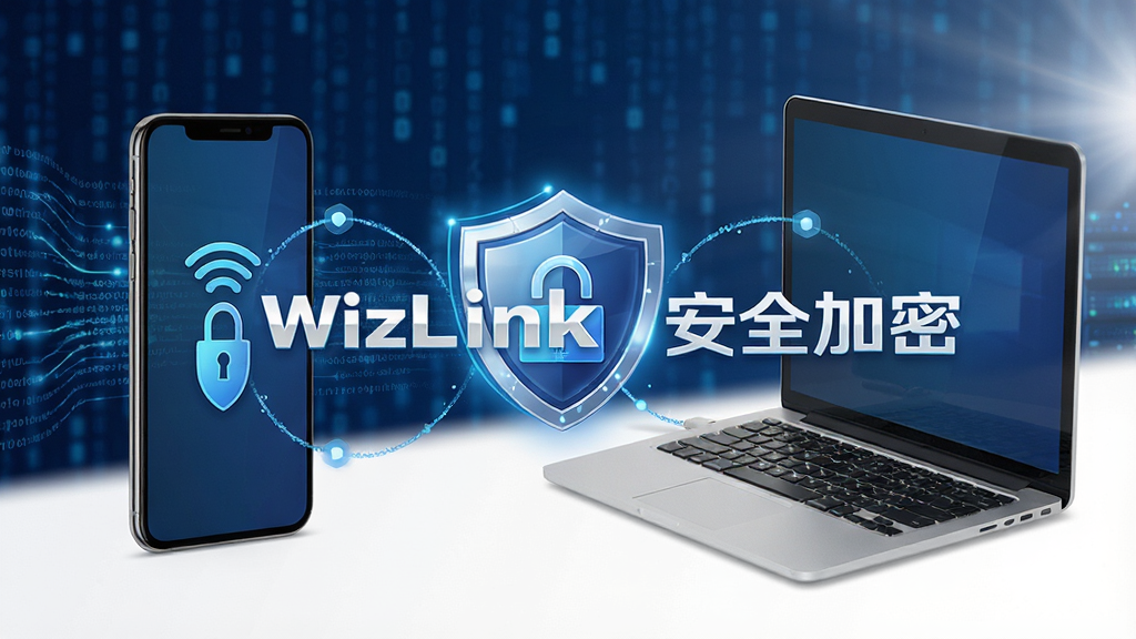 WizLink安全加密示意,手机与电脑之间通过盾牌图标连接,背景为深蓝色数据流,中央显示
