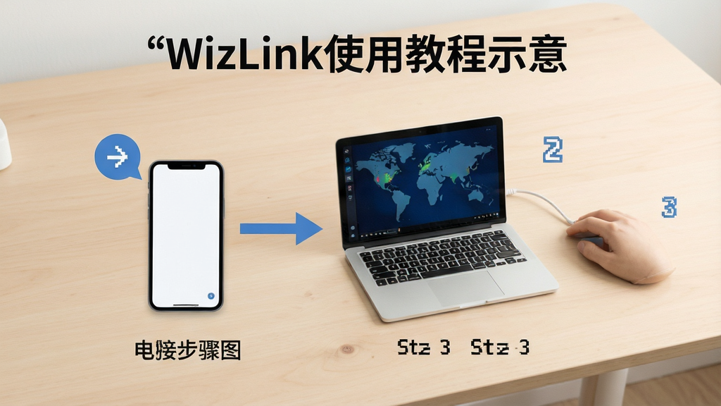 WizLink使用教程示意,手机与电脑连接步骤图,背景为浅色桌面,步骤数字标注清晰,风格简洁,画质干净,无多余元素
