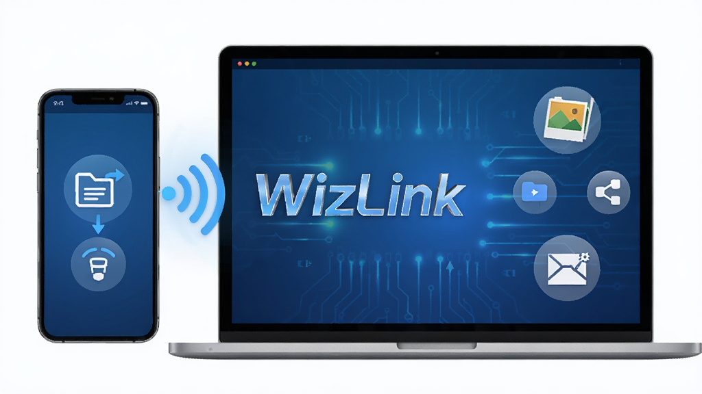 WizLink软件主视觉图,展示手机与电脑无线连接,界面简洁现代,蓝色科技感背景,中央显示