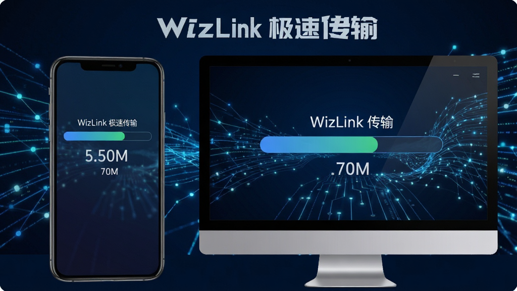 WizLink极速传输界面,手机与电脑屏幕显示传输进度条,速度数值突出,背景为动态网络线条,科技感强,布局清晰,文字标注