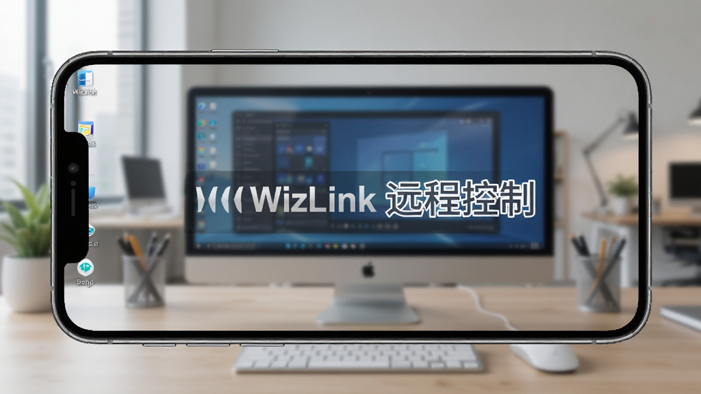 WizLink远程控制场景,手机屏幕显示电脑桌面画面,背景为办公环境,界面清晰,标注