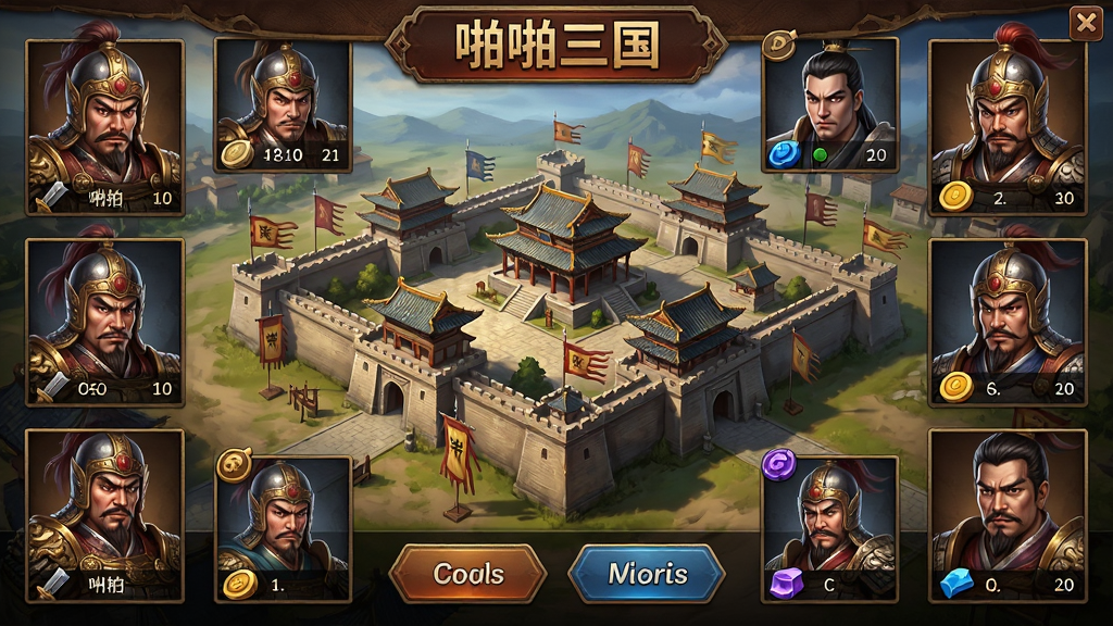 主体:啪啪三国游戏主界面,展示三国风格的城池与武将立绘;布局:中央为游戏主城,四周环绕武将头像与资源图标;排版:界面清晰,功能按钮排列有序;风格:写实三国风,色彩厚重,光影层次丰富;细节:武将盔甲纹理清晰,城池建筑有古风韵味;画质:高清,干净,无多余元素