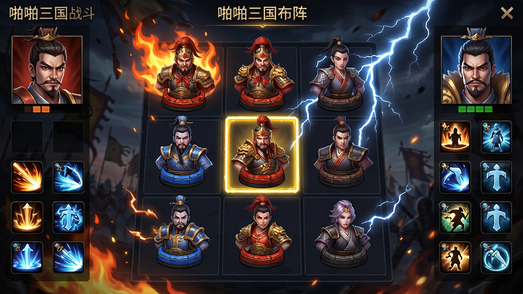 主体:啪啪三国战斗布阵界面,九宫格上排列着武将棋子;布局:棋盘位于画面中央,两侧显示武将头像与技能快捷键;排版:简洁明了,当前选中武将高亮;风格:动态战斗场景,有火焰与雷电特效;细节:武将棋子有阵营颜色区分,技能图标有冷却显示;画质:高清,干净,无多余元素