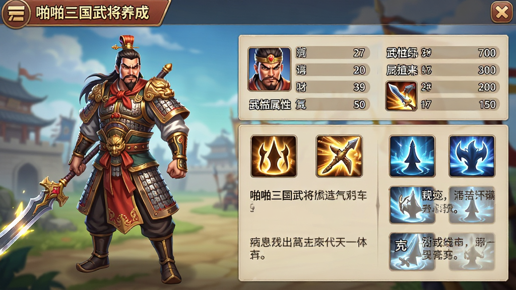 主体:啪啪三国武将养成界面,展示一名武将的详细属性面板;布局:左侧为武将全身立绘,右侧为属性数值与技能列表;排版:信息分层清晰,技能图标醒目;风格:半写实卡通风,色彩明快;细节:武将武器有光泽,技能描述文字清晰;画质:高清,干净,无多余元素