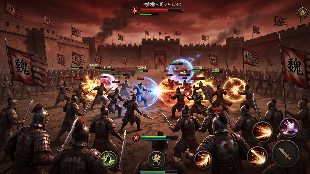 主体:玩家在啪啪三国中参与国战的热闹场景,屏幕上显示大量士兵与武将技能特效;布局:广角视角,战场中央是激烈的战斗,四周为城墙与旗帜;排版:动态战斗画面,带有血量条与技能图标;风格:写实战争风格,色调偏暗红,有硝烟感;细节:士兵铠甲有磨损痕迹,旗帜上有“魏”字;画质:高清,干净,无多余元素