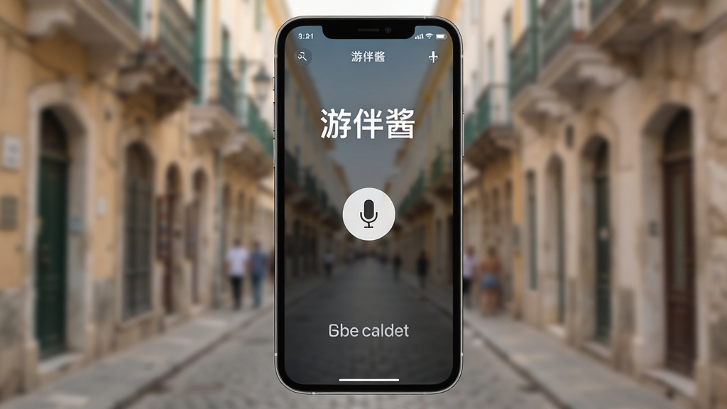 手机屏幕中“游伴酱”语音翻译界面,上方显示中文,下方显示英文,中间有麦克风按钮,背景为模糊的异国街头,风格真实,画质干净,无多余元素