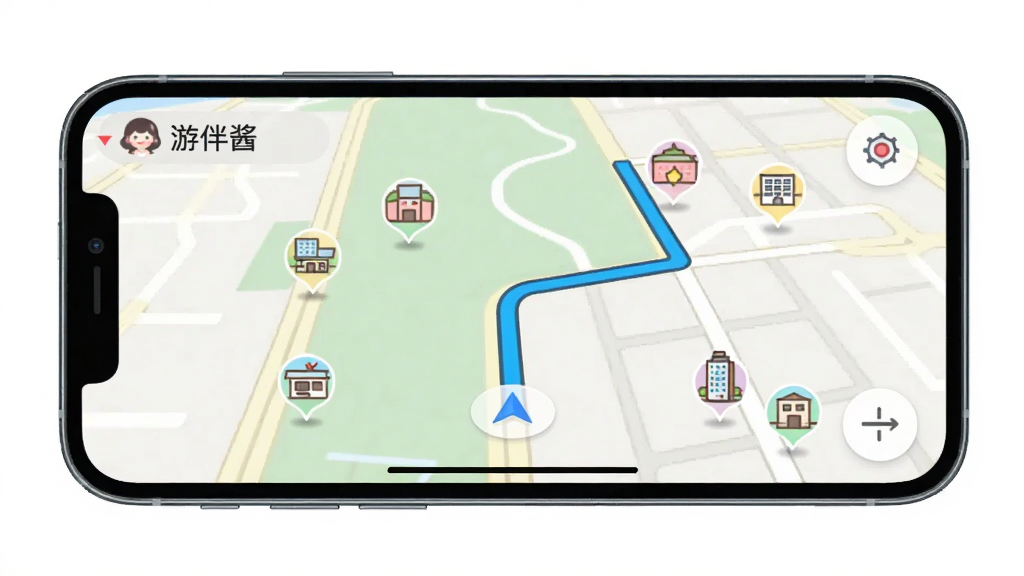 手机横屏显示“游伴酱”地图导航界面,画面清晰,路线高亮,周围有景点图标,风格简洁,画质干净,无多余元素