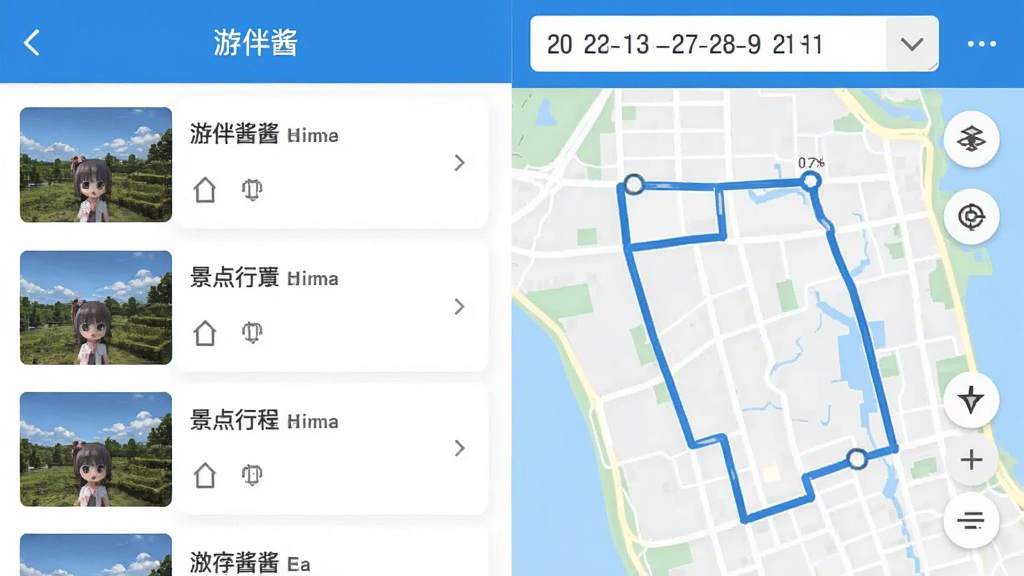 展示“游伴酱”应用行程规划功能的界面截图,左侧是景点列表,右侧是地图路线,顶部有日期选择器,整体风格简洁清晰,色彩以蓝白为主,画质干净,无多余元素