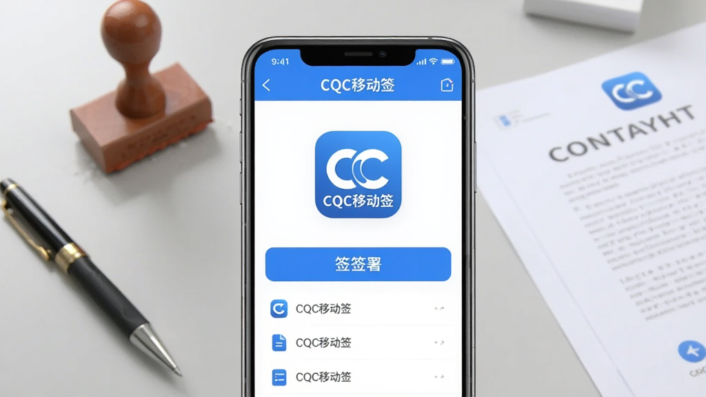 画面主体为一部智能手机屏幕特写,屏幕内清晰显示“CQC移动签”APP主界面,界面包含蓝色主题的签署按钮与文件列表,背景为浅灰色办公桌面,桌上有笔、印章和几份纸质合同,画面布局居中,采用扁平化设计风格,细节上突出APP图标与“CQC移动签”字样,画质干净明亮,无多余元素