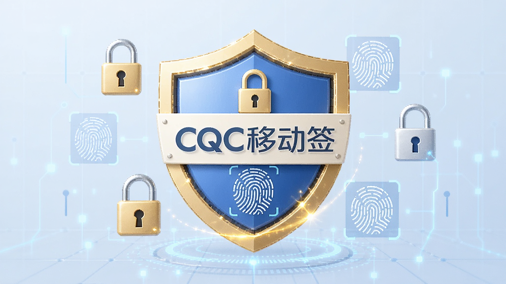 画面主体为盾牌图标与数字证书组合,背景为淡蓝色科技感网格,盾牌中央有“CQC移动签”字样,周围环绕加密锁与指纹图案,布局居中对称,采用3D渲染风格,细节包括金色边框与光效,画质高清干净,无多余元素