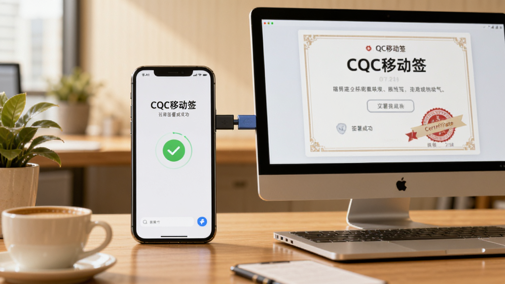 画面主体为智能手机与电脑并排连接,屏幕中显示“CQC移动签”的签署成功界面,背景为暖色办公环境,前景有咖啡杯与绿植,布局为左右分布,风格为写实摄影风,细节包括手机上的对勾动画与电脑上的证书印章,画质高清自然,无多余元素